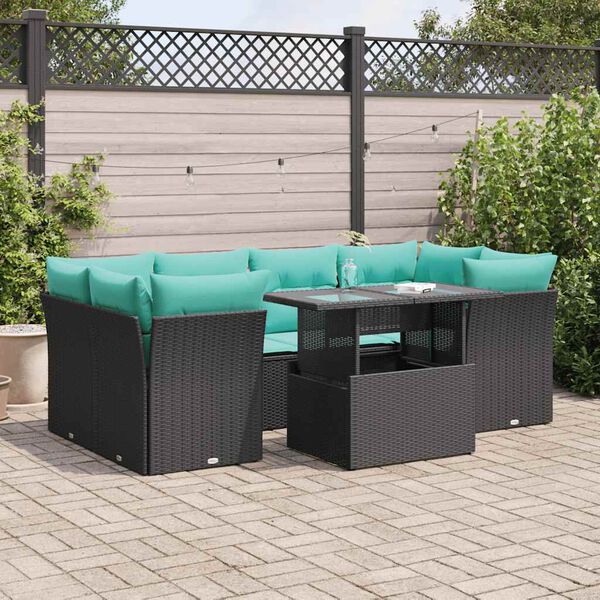 vidaXL Salon de jardin avec coussins 7 pcs noir r&eacute;sine tress&eacute;e acacia
