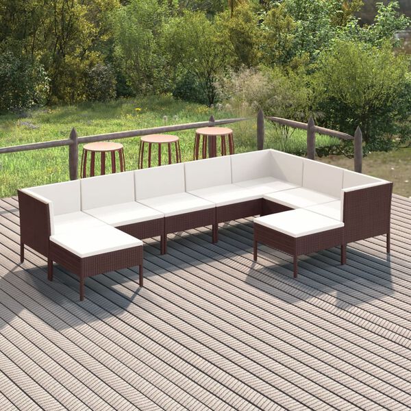 vidaXL Salon de jardin 9 pcs avec coussins r&eacute;sine tress&eacute;e marron