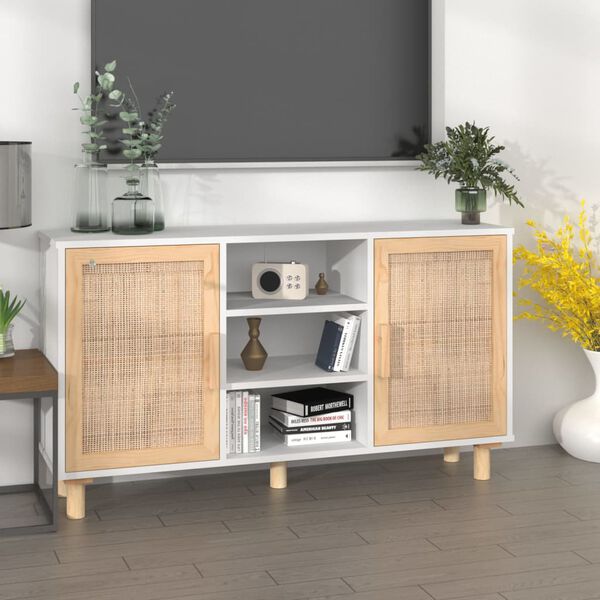 vidaXL Buffet Blanc 105x30x60 cm Bois de pin massif et rotin naturel