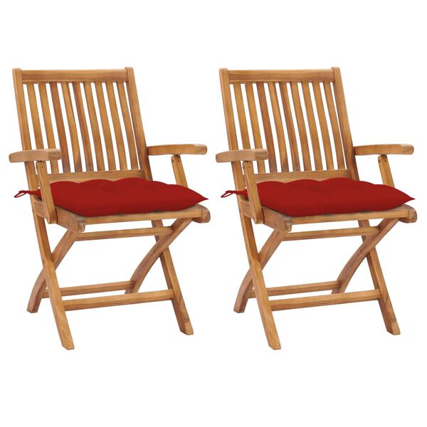 vidaXL Chaises de jardin lot de 2 et coussins rouge Bois teck massif