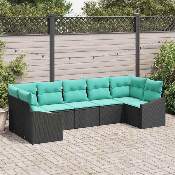 vidaXL Ensemble de canap&eacute; de jardin 7 pcs Noir et turquoise polyrotin