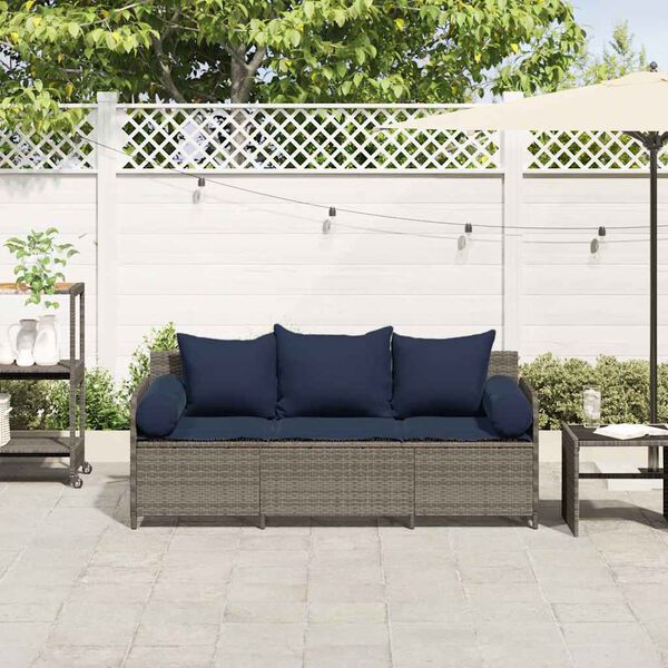 vidaXL Canap&eacute; de jardin avec coussins 3 places gris r&eacute;sine tress&eacute;e