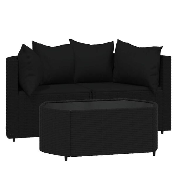 vidaXL Salon de jardin 3 pcs avec coussins Noir R&eacute;sine tress&eacute;e