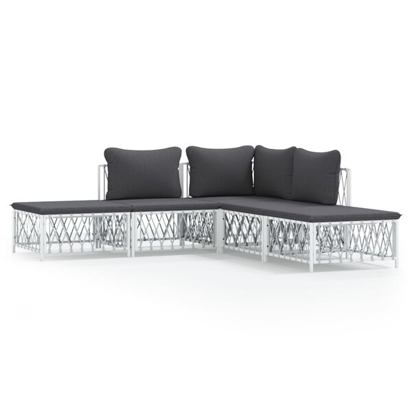 vidaXL Salon de jardin avec coussins 5 pcs blanc acier