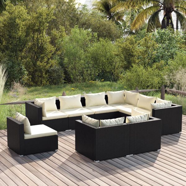 vidaXL Salon de jardin 9 pcs avec coussins Résine tressée Noir
