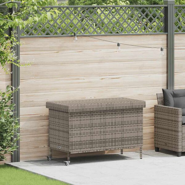 vidaXL Boîte de rangement de jardin et roues gris résine tressée