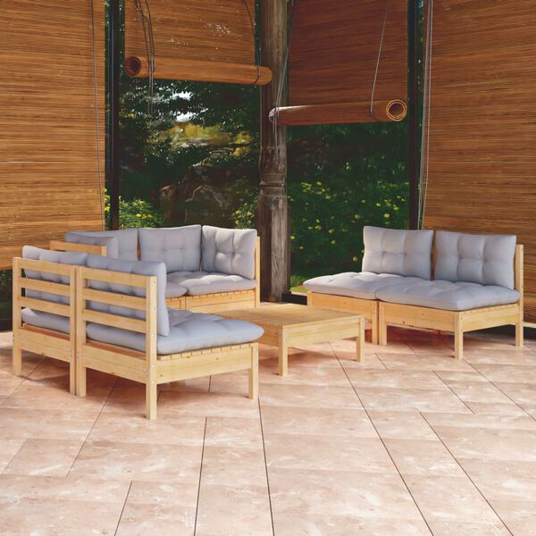 vidaXL Salon de jardin 7 pcs avec coussins gris bois de pin massif