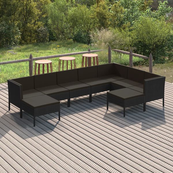 vidaXL Salon de jardin 9 pcs avec coussins R&eacute;sine tress&eacute;e Noir
