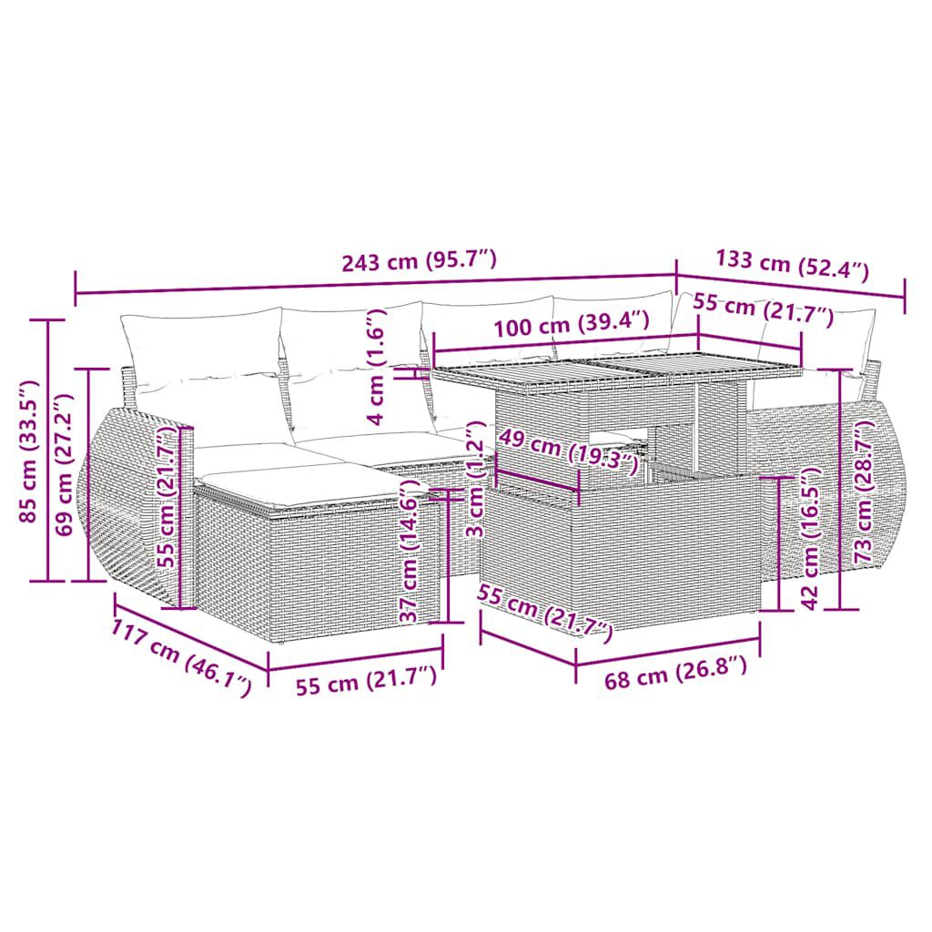 vidaXL Salon de jardin 7 pcs avec coussins noir résine tressée