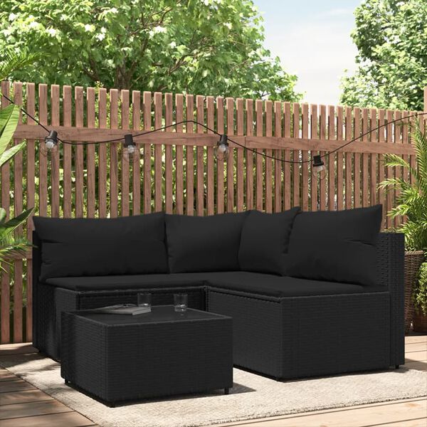vidaXL Salon de jardin 4 pcs avec coussins Noir R&eacute;sine tress&eacute;e