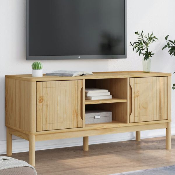 vidaXL Meuble TV FLORO cire marron 114x43x55 cm bois massif de pin
