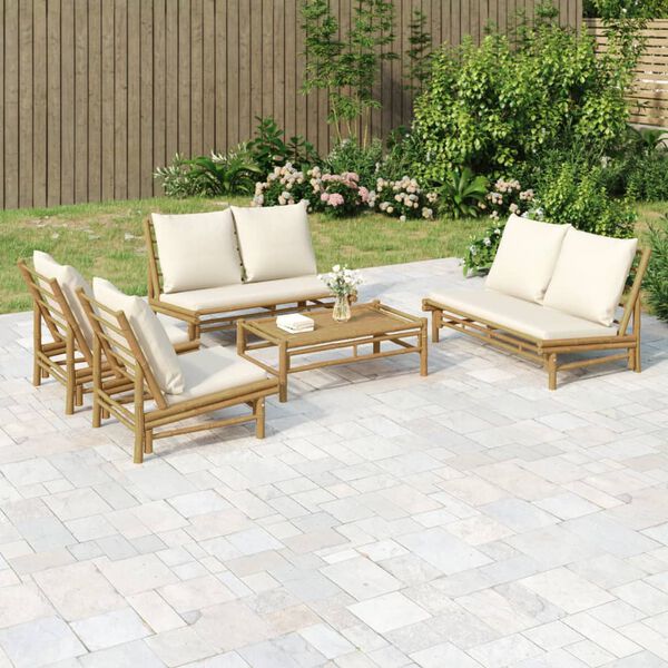 vidaXL Salon de jardin 5 pcs avec coussins blanc cr&egrave;me bambou