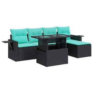 vidaXL Salon de jardin avec coussins 6pcs noir r&eacute;sine tress&eacute;e acacia