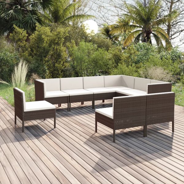 vidaXL Salon de jardin 9 pcs avec coussins r&eacute;sine tress&eacute;e marron