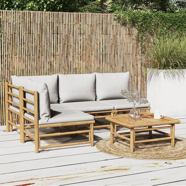 vidaXL Salon de jardin 5 pcs avec coussins gris clair bambou