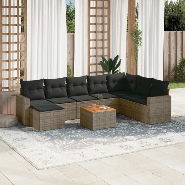 vidaXL Salon de jardin 9 pcs avec coussins gris résine tressée