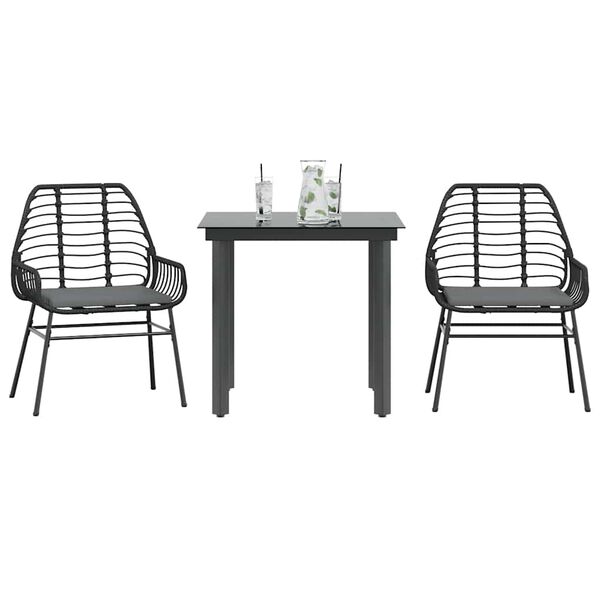 vidaXL Ensemble &agrave; manger de jardin et coussins 3 pcs noir rotin verre