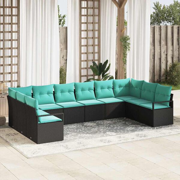 vidaXL Ensemble de canap&eacute; de jardin 11 pcs Noir et turquoise polyrotin
