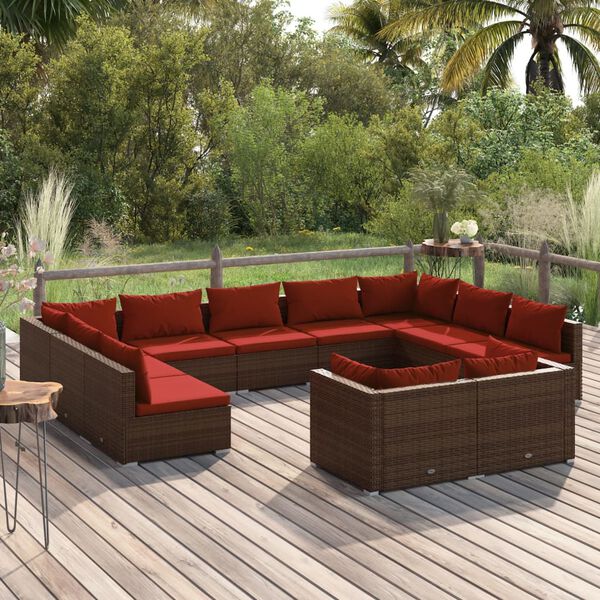 vidaXL Salon de jardin 11 pcs avec coussins marron r&eacute;sine tress&eacute;e