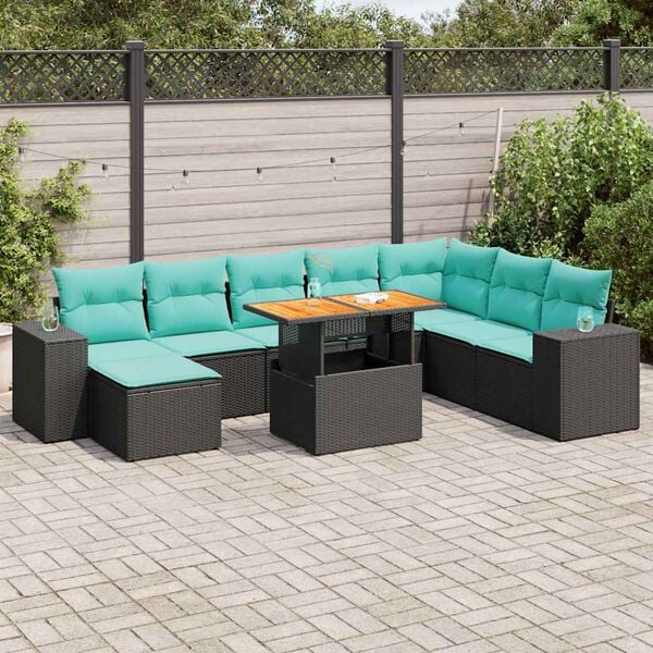 vidaXL Salon de jardin 9 pcs avec coussins noir r&eacute;sine tress&eacute;e
