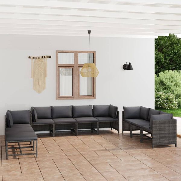 vidaXL Salon de jardin 10 pcs avec coussins R&eacute;sine tress&eacute;e Gris