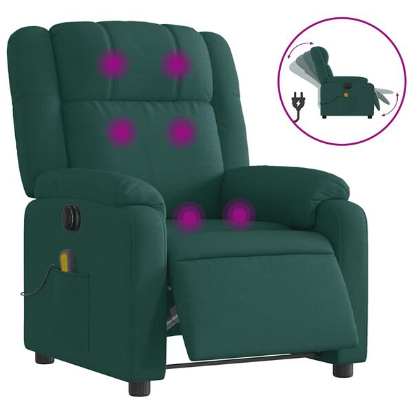 vidaXL Fauteuil inclinable de massage &eacute;lectrique vert fonc&eacute; tissu