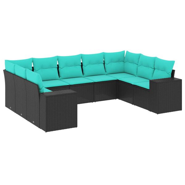 vidaXL Salon de jardin 9 pcs avec coussins noir r&eacute;sine tress&eacute;e