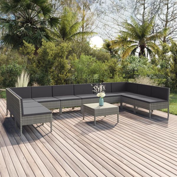 vidaXL Salon de jardin 11 pcs avec coussins R&eacute;sine tress&eacute;e Gris