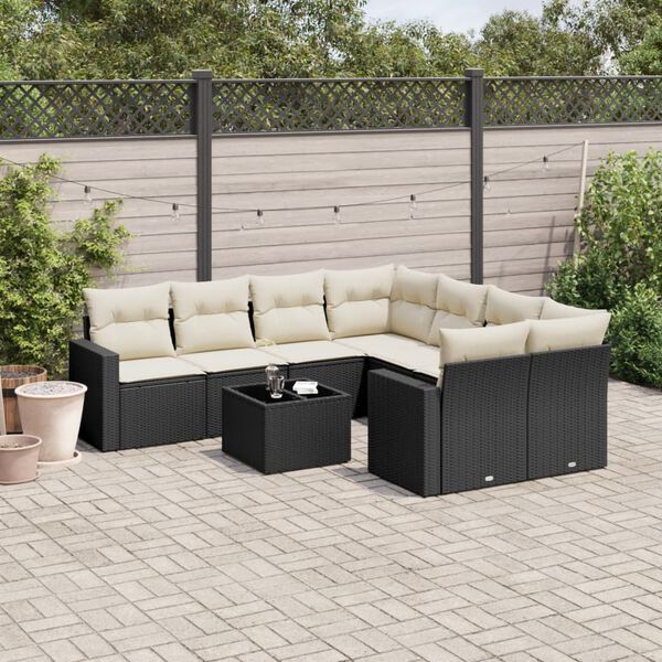 vidaXL Salon de jardin 9 pcs avec coussins noir r&eacute;sine tress&eacute;e