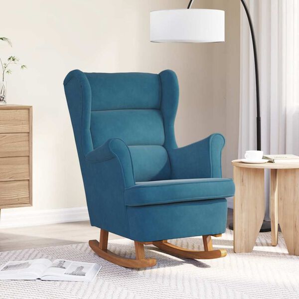 vidaXL Fauteuil &agrave; bascule &agrave; oreilles en velours bleu bois massif