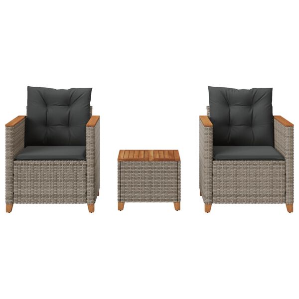 vidaXL Ensemble de bistro 3 pcs et coussins gris r&eacute;sine tress&eacute;e acacia