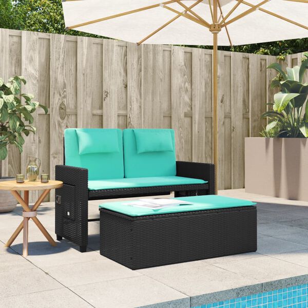 vidaXL Banc inclinable de jardin avec coussins noir résine tressée