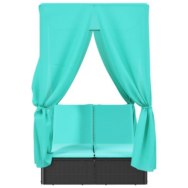 vidaXL Chaise longue double avec toit et rideaux noir r&eacute;sine tress&eacute;e