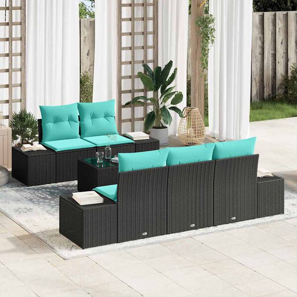 vidaXL Ensemble de canap&eacute; de jardin 6 pcs Noir et turquoise polyrotin