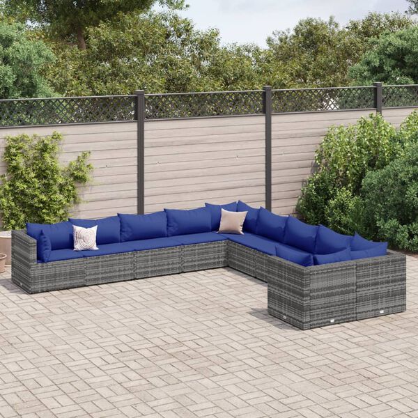 vidaXL Salon de jardin avec coussins 10 pcs gris r&eacute;sine tress&eacute;e
