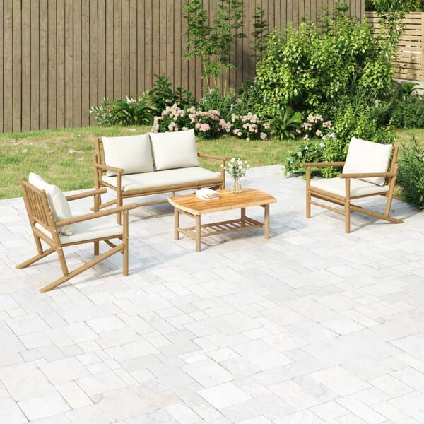 vidaXL Salon de jardin 4 pcs avec coussins blanc cr&egrave;me bambou