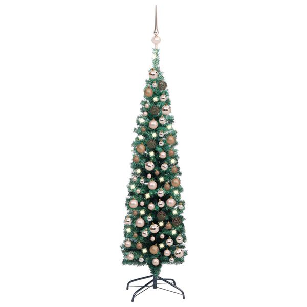 vidaXL Sapin de No&euml;l artificiel mince pr&eacute;-&eacute;clair&eacute; et boules vert 120cm