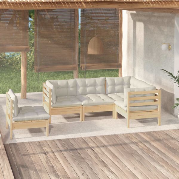 vidaXL Salon de jardin 5 pcs avec coussins cr&egrave;me bois de pin
