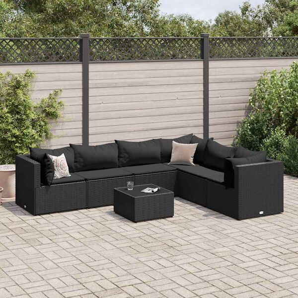 vidaXL Salon de jardin 7 pcs avec coussins Noir R&eacute;sine tress&eacute;e