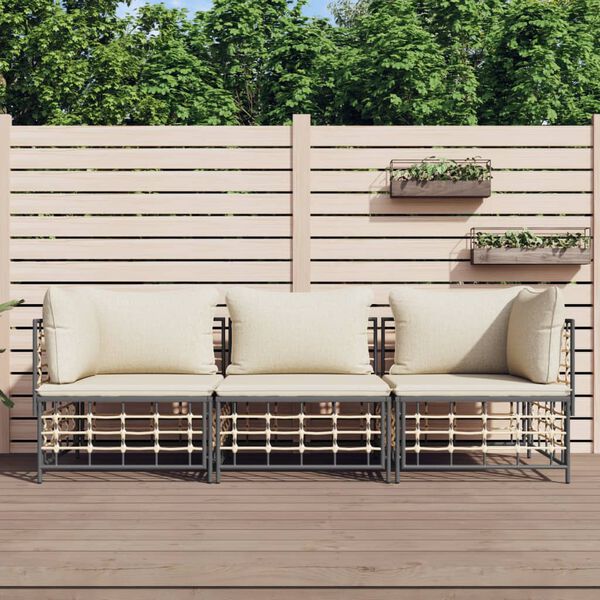 vidaXL Salon de jardin 3 pcs avec coussins anthracite r&eacute;sine tress&eacute;e