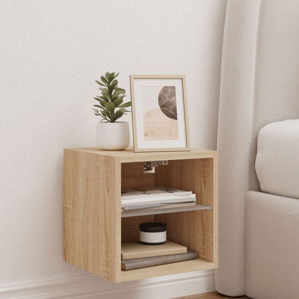 vidaXL Meuble TV mural avec lumi&egrave;res LED ch&ecirc;ne sonoma 30x28,5x30 cm