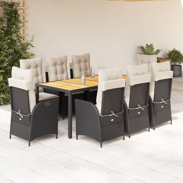 vidaXL Ensemble &agrave; manger de jardin 9pcs coussins noir r&eacute;sine tress&eacute;e