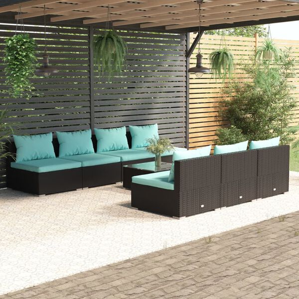 vidaXL Salon de jardin 8 pcs avec coussins r&eacute;sine tress&eacute;e noir