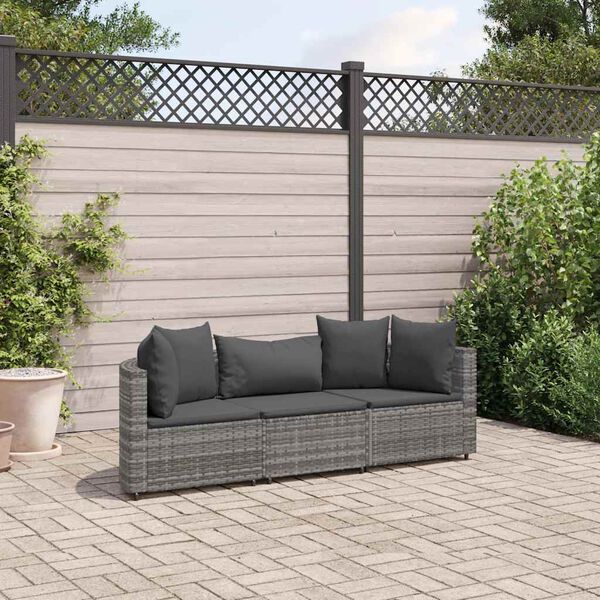 vidaXL Salon de jardin avec coussins 3 pcs gris r&eacute;sine tress&eacute;e