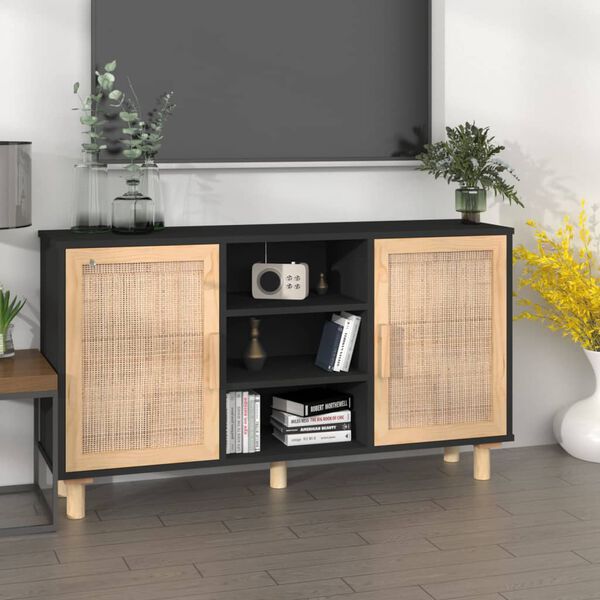 vidaXL Buffet Noir 105x30x60 cm Bois de pin massif et rotin naturel