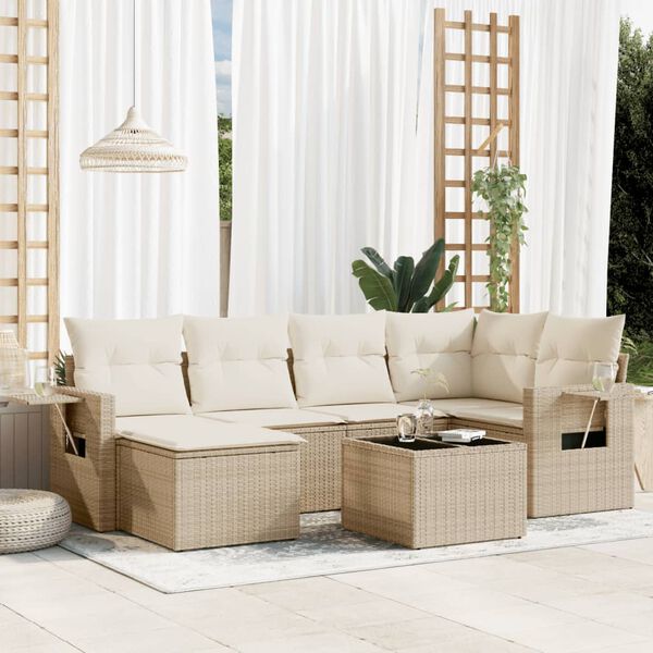 vidaXL Salon de jardin avec coussins 7 pcs beige r&eacute;sine tress&eacute;e
