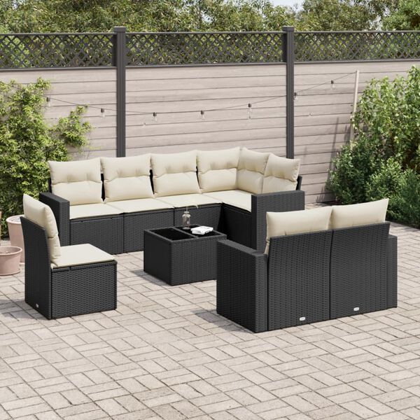 vidaXL Salon de jardin 9 pcs avec coussins noir r&eacute;sine tress&eacute;e