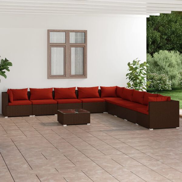 vidaXL Salon de jardin 10 pcs avec coussins R&eacute;sine tress&eacute;e Marron