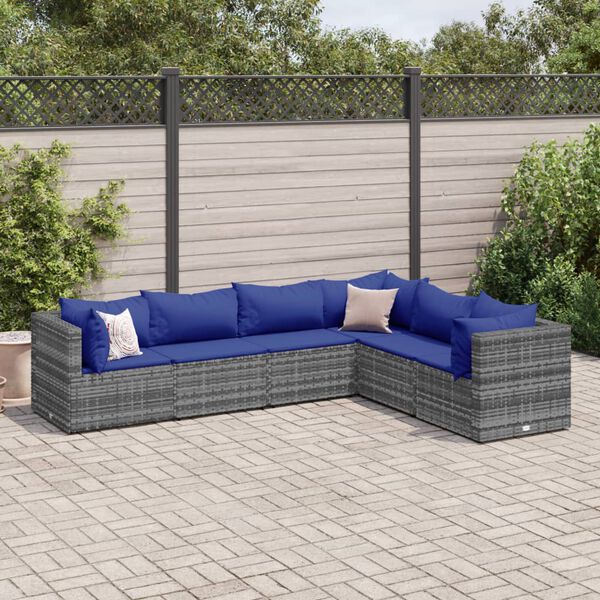 vidaXL Salon de jardin 6 pcs avec coussins Gris R&eacute;sine tress&eacute;e