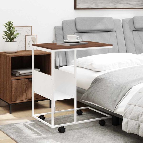 vidaXL Table d'appoint avec roues blanc 55x36x63,5cm bois d'ing&eacute;nierie